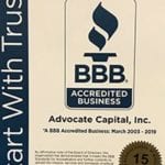 Advocate Capital, Inc. Celebrates 15 Years as Better Business Bureau Accredited Business